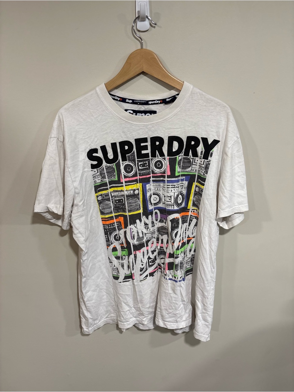 Superdry White Graphic Short Sleeve Tee with Multicolor Boombox Print
